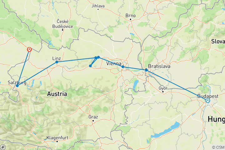 Mapa de Mercados navideños del Danubio (2028) (De Budapest a Passau, 2028)