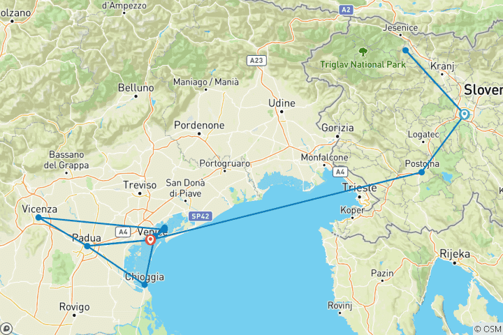 Kaart van Slovenië, Venetië en de pareltjes van Veneto (2028, van Ljubljana naar Venetië)