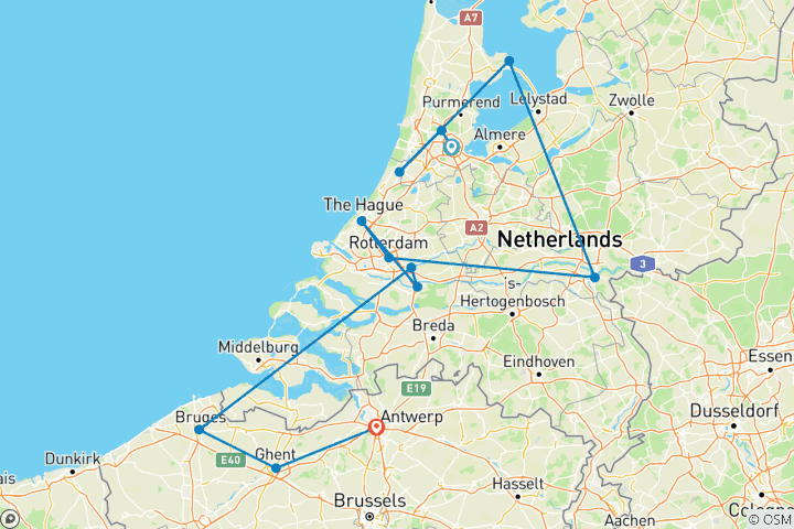 Kaart van Tulpen & Windmolens (2028, van Amsterdam naar Antwerpen)
