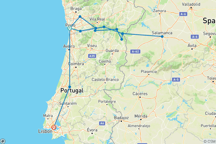 Carte du circuit Le Portugal, l'Espagne et la vallée du Douro (2028) (de Porto à Lisbonne, 2028)