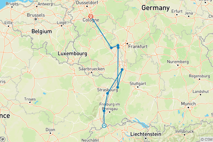 Map of Rhine Holiday Markets (2028, Basel to Cologne)