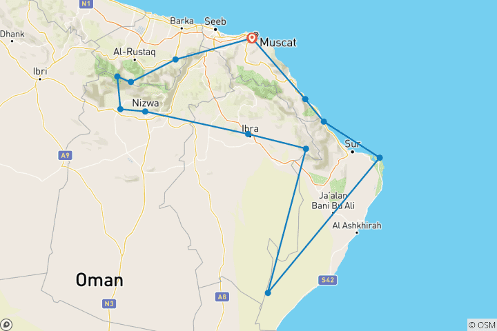 Carte du circuit Découvrez Oman : circuit privé de 8 jours à la découverte du patrimoine, du désert et du littoral