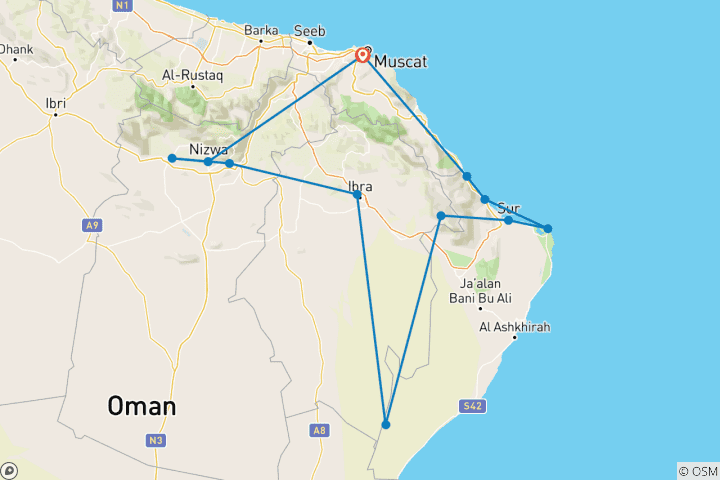 Carte du circuit Découverte du patrimoine, du désert et du littoral d'Oman – Circuit privé de 7 jours