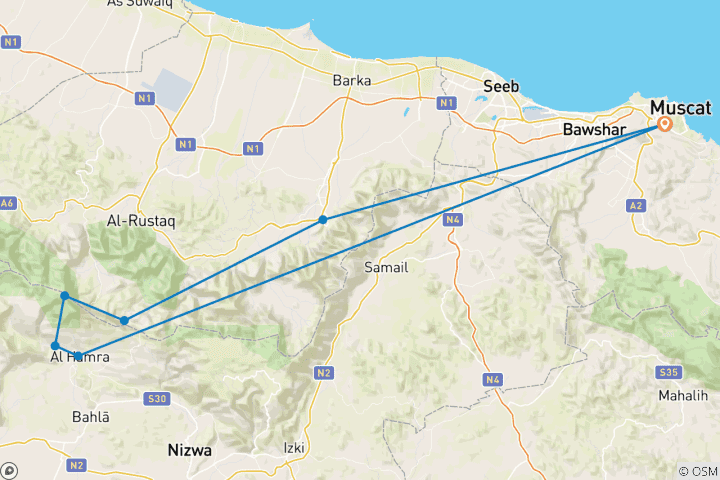 Mapa de Las maravillas ocultas de Omán: escapada privada de 4 días por el patrimonio y las montañas