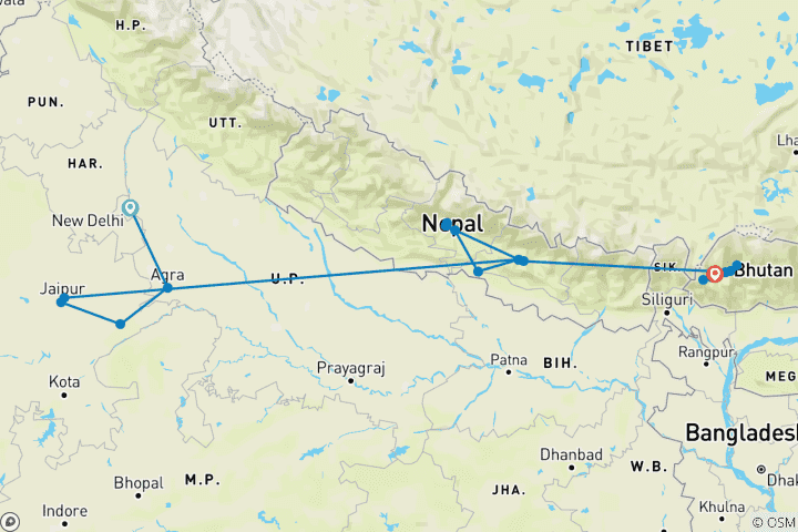 Carte du circuit Geluxe : Inde, Népal et Bhoutan : du Taj Mahal au Nid du Tigre