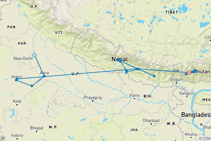 Mapa de Geluxe: India, Nepal y Bután: del Taj Mahal al Nido del Tigre