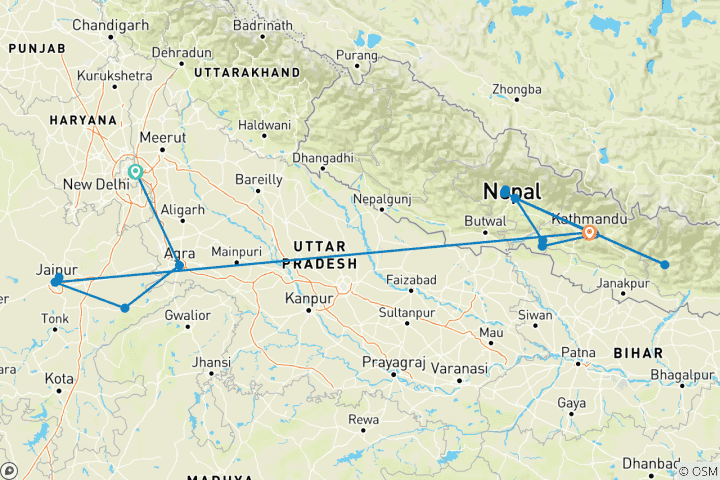 Carte du circuit Geluxe : Inde et Népal : le Triangle d'Or et l'Himalaya