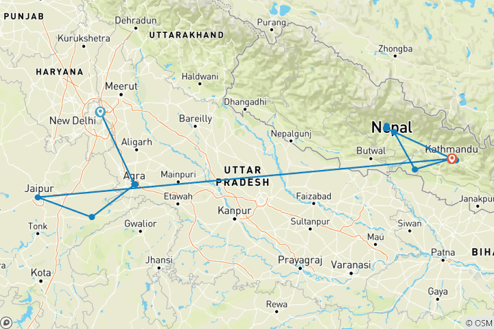 Carte du circuit Geluxe : Inde et Népal : le Triangle d'Or et l'Himalaya