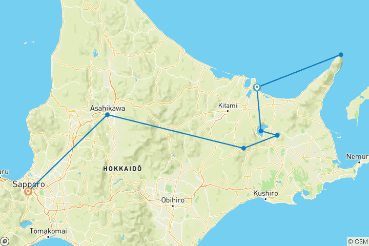 Carte du circuit Le Japon en pleine action : les sentiers sauvages et les sources thermales volcaniques d'Hokkaido