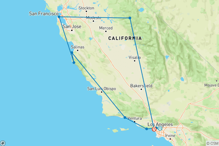 Carte du circuit Road trip en Californie – à travers le Golden State