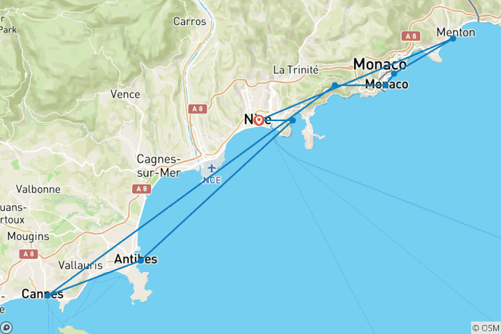 Carte du circuit Le romantisme sur la Côte d'Azur