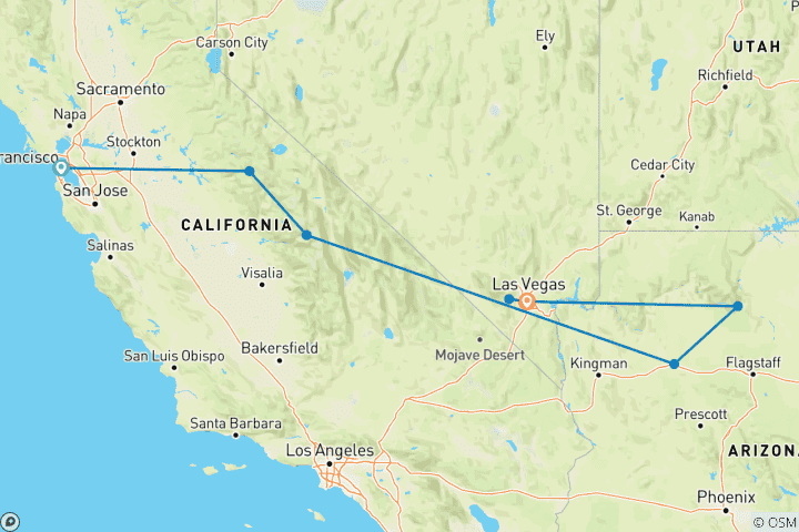 Carte du circuit Un voyage de rêve à travers la Californie et le Nevada : l'aventure ultime dans le Sud-Ouest