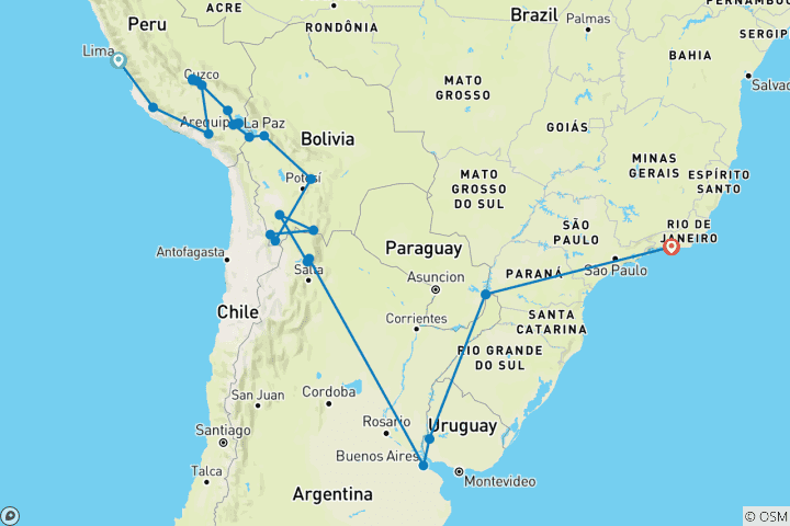 Carte du circuit Points forts de l'Amérique du Sud (57 destinations)
