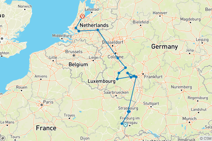 Carte du circuit Châteaux du Rhin et vignobles de la Moselle avec Amsterdam 2026 - 13 jours (from Breisach to Amsterdam)