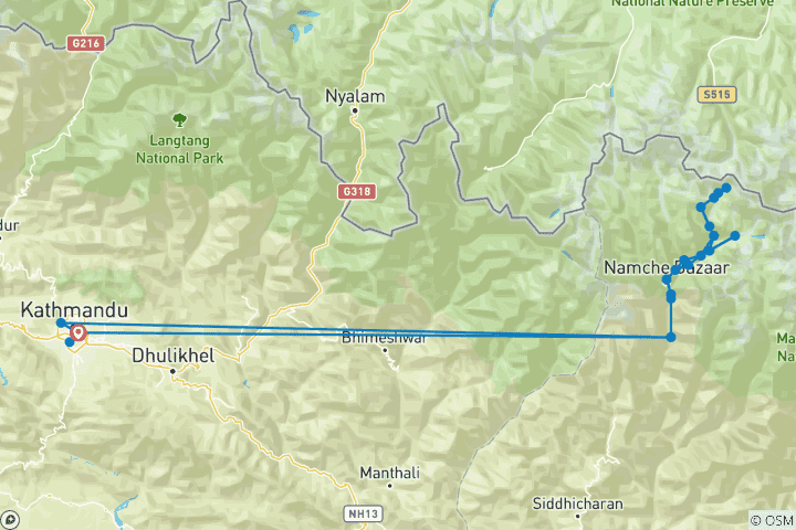 Carte du circuit Trek au camp de base de l'Everest (33 destinations)