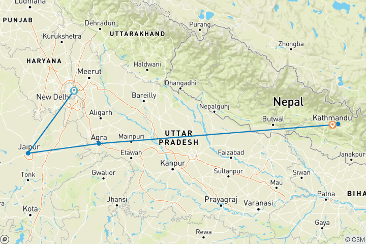 Kaart van 10-daagse rondreis door de Gouden Driehoek van India met een uitstapje naar Nepal