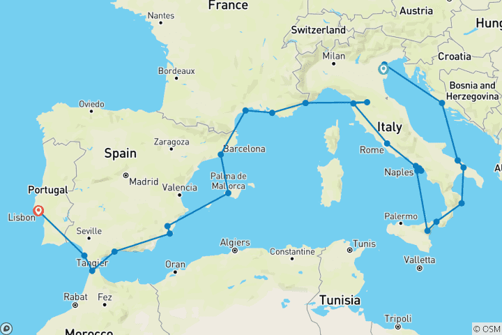 Carte du circuit À la découverte de l'Adriatique et de la Méditerranée : de Venise (Chioggia) à Lisbonne