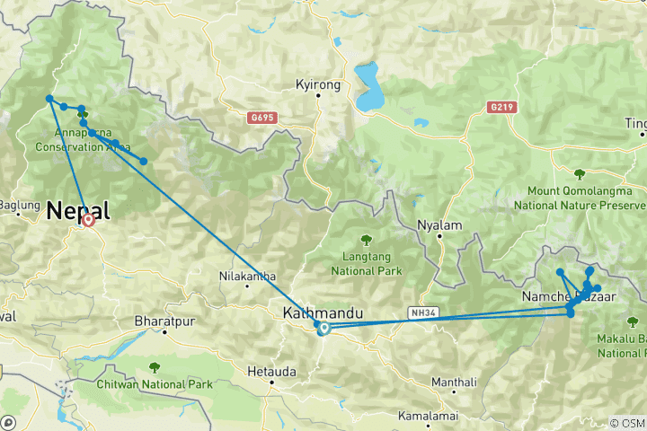 Karte von Everest Basislager und Annapurna Rundwanderung