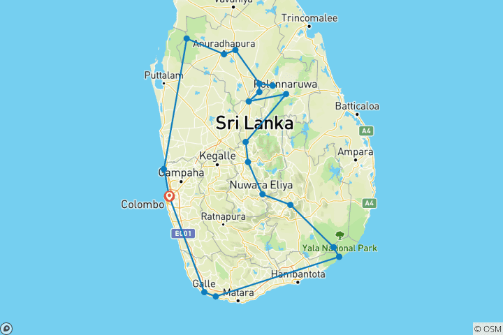 Karte von Kulturerbe, Berglandschaften und Safari - Abenteuer in Sri Lanka