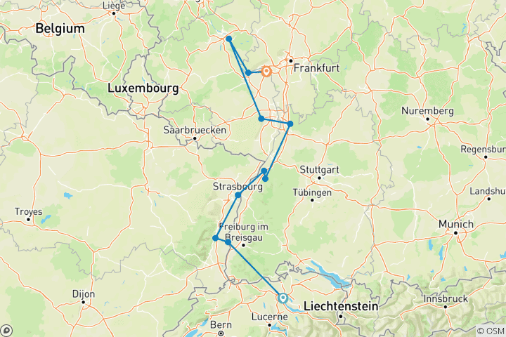 Karte von Der majestätische Rhein - 8 Tage (von Zürich bis Mainz)