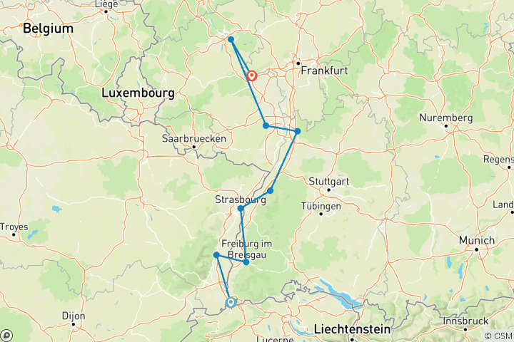 Kaart van De majestueuze Rijn 2026 - 8 Dagen (9 bestemmingen)
