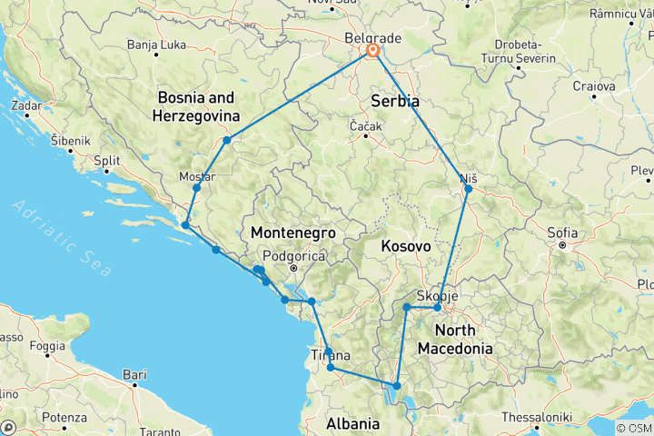 Karte von Höhepunkte des Balkans (mehrere Länder)