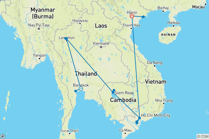 Mapa de Viaje familiar privado de 17 días por lo mejor del sudeste asiático (hoteles de 4 estrellas y sin compartir con otros grupos)