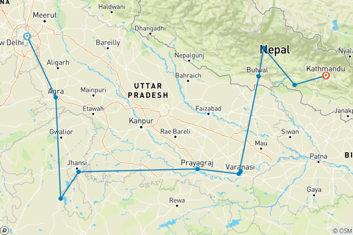 Karte von 15-tägige Reise von Indien nach Nepal (Auswahl an 3★-, 4★- und 5★-Hotels)