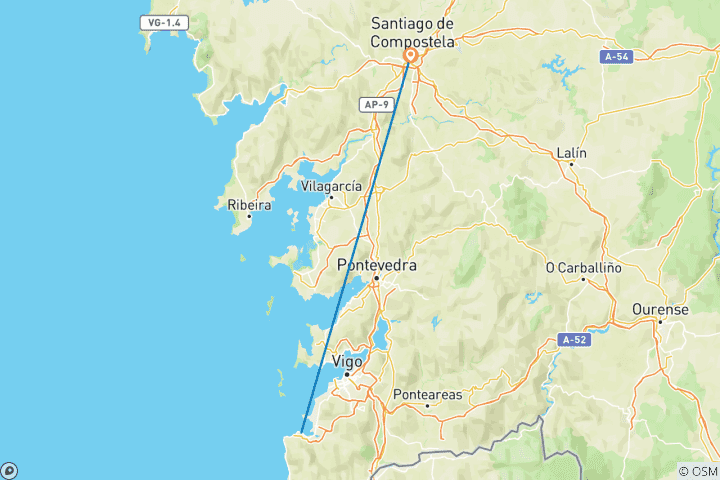 Mapa de Retiro a pie por el Camino Portugués (variante espiritual)