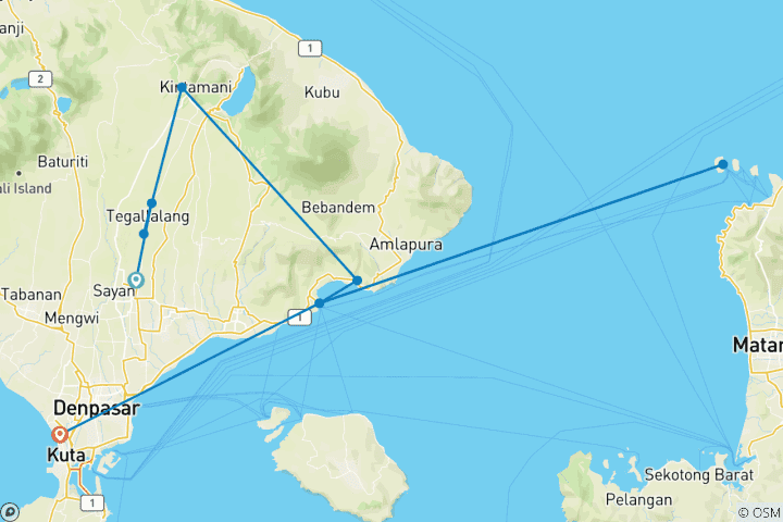 Carte du circuit De 18 à 35 ans : l'essentiel de Bali et des îles Gili
