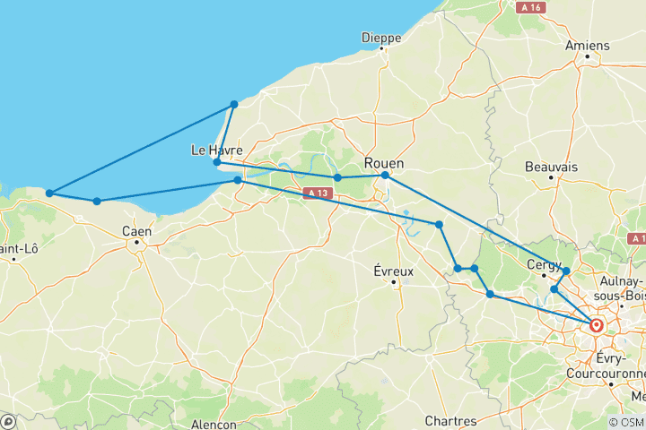 Carte du circuit France | Paris, la Normandie et les plages historiques du Débarquement | Circuit de luxe à vélo et en bateau sur la Seine