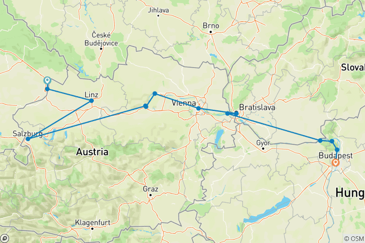 Mapa de A lo largo del Danubio Azul: desde Salzburgo, la ciudad de «Sonrisas y música», hasta Viena y Budapest | En bici y en barco