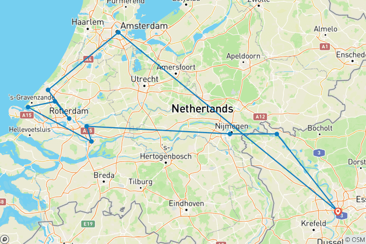 Karte von Niederlande & Deutschland | Küste, Kanäle, Windmühlen & Skylines | Rad- und Bootstour auf dem Rhein