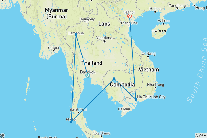 Carte du circuit Aventure familiale de 20 jours : de Bangkok à Hanoï | Un groupe privé rien que pour vous et des hôtels 4 étoiles