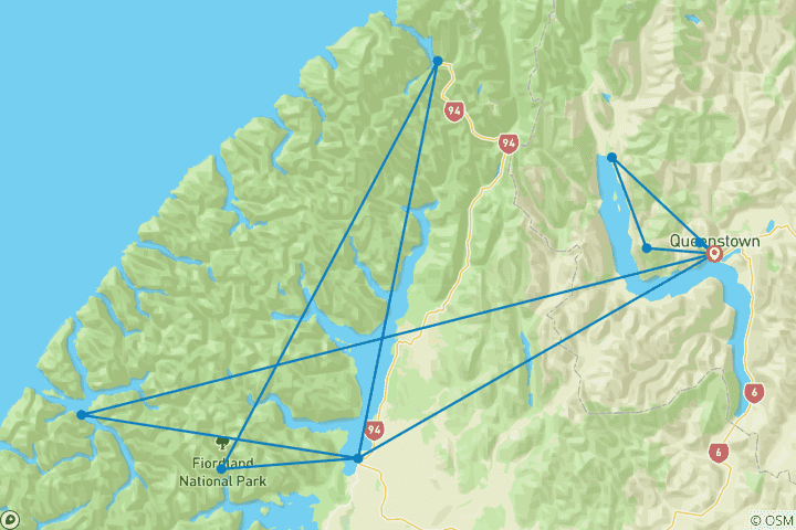 Carte du circuit L'aventure ultime dans le Fiordland et à Queenstown