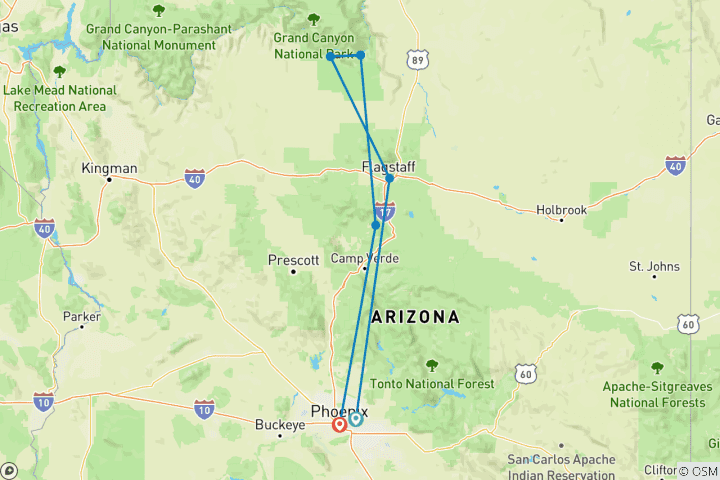 Carte du circuit Vacances en famille au Grand Canyon et à Sedona