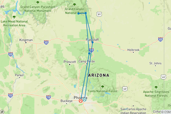 Carte du circuit Aventure au Grand Canyon et à Sedona