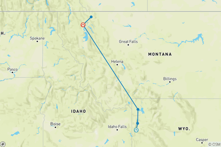 Carte du circuit Aventure à Yellowstone, Glacier et Grand Teton