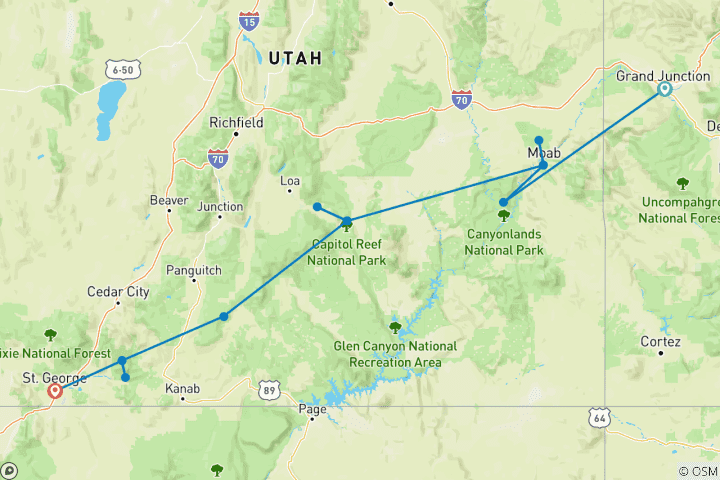 Carte du circuit Aventure « Utah Mighty Five » : d'Arches à Zion