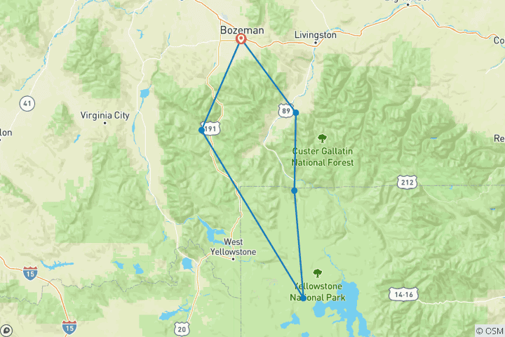 Carte du circuit Vacances en famille à Yellowstone, Big Sky et Paradise Valley