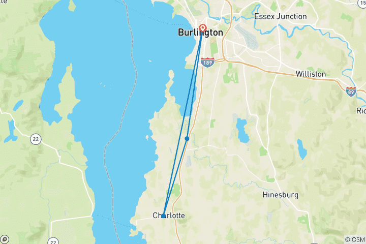 Kaart van 6-daagse fietstocht langs de eilanden van Lake Champlain