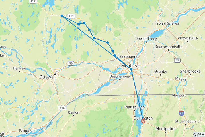Carte du circuit Circuit à vélo de 6 jours sur la « P'tit Train du Nord », la piste cyclable emblématique du Québec
