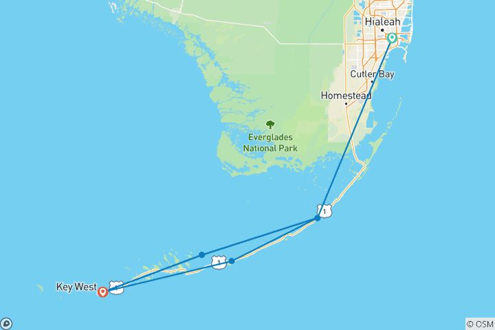 Kaart van 6-daagse multi-avontuurlijke fiets- en ontdekkingstocht door de Florida Keys