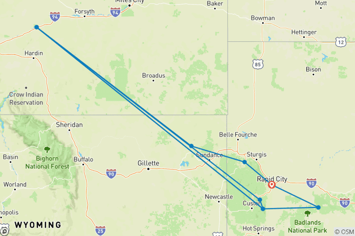 Kaart van 6-daagse avontuurlijke fietstocht door de Black Hills en over de Mickelson Trail
