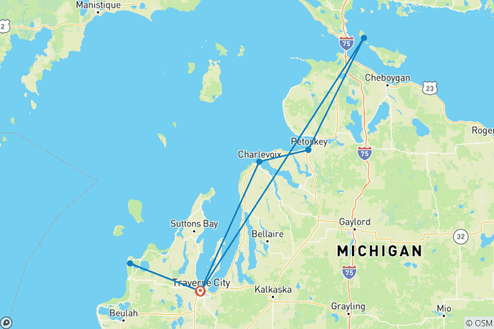 Kaart van 6-daagse fietstocht langs de meren en wandelpaden van Michigan
