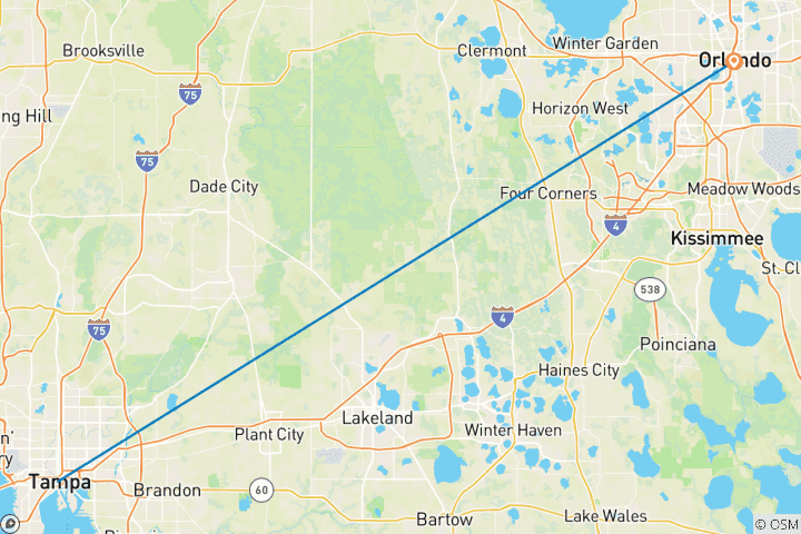 Kaart van 6-daagse mountainbiketocht van kust tot kust langs de kust van Florida