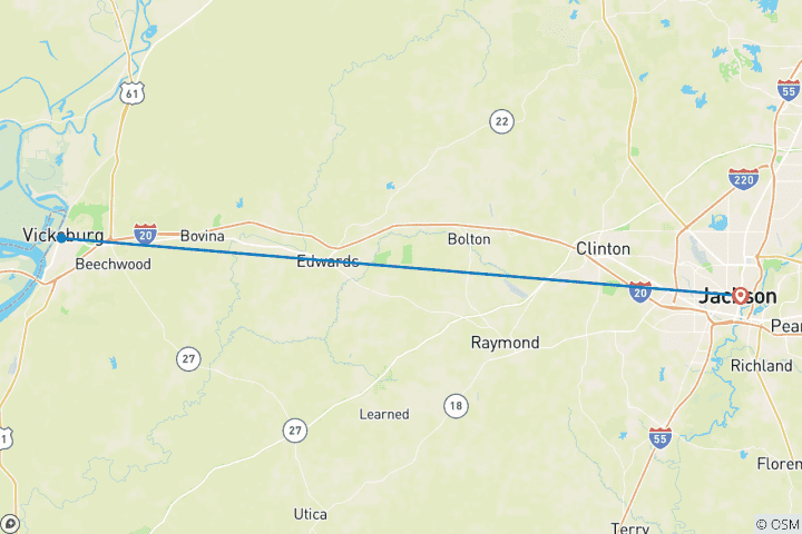 Kaart van 6-daagse historische fietstocht over de Natchez Trace Parkway