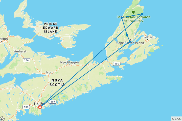 Carte du circuit Circuit cycliste de 6 jours sur la route Cabot Trail, le long de la côte de la Nouvelle-Écosse
