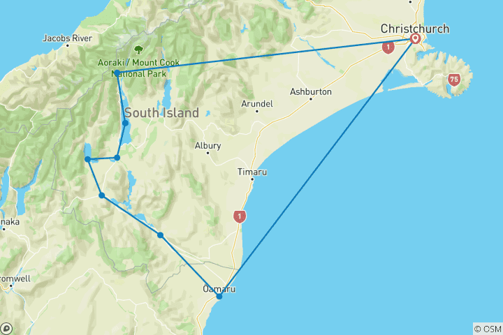 Carte du circuit Circuit à vélo de 6 jours « Des Alpes à l'océan » en Nouvelle-Zélande