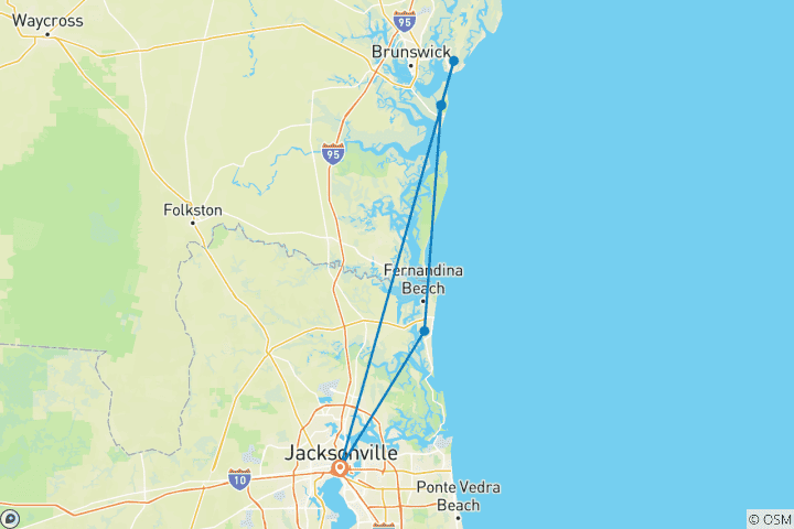 Kaart van 5-daagse fietstocht langs de kust van Florida en de eilanden van Georgia